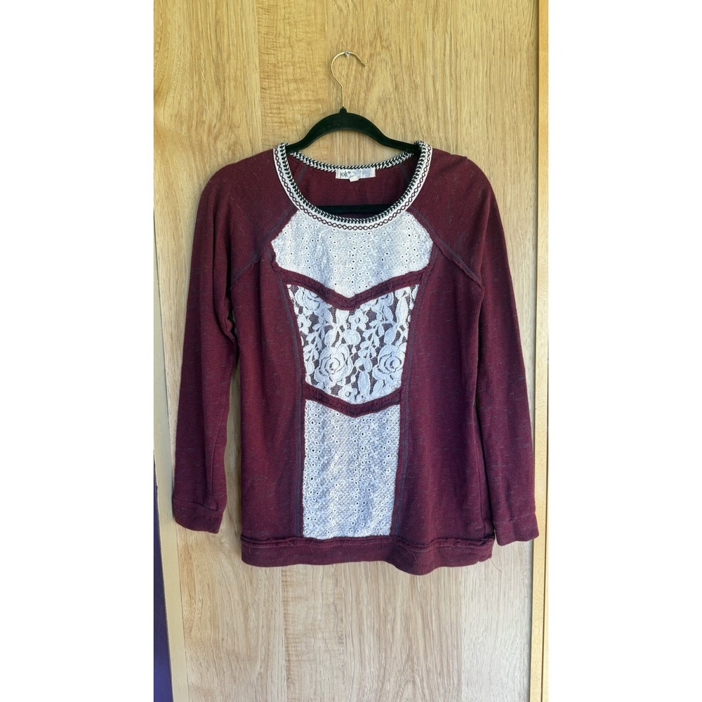 Jolt Women's Medium Henley Long Sleeve Embroidered Lace Waffle Shirt Boho Y2K